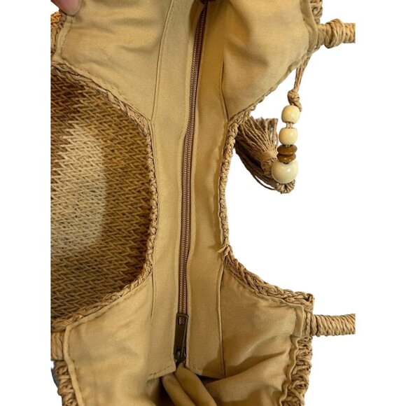 Handmade Woven Straw Tote Bag With Tassel & Inner Pockets Beige/Brown 15" x 14" - Picture 3 of 8